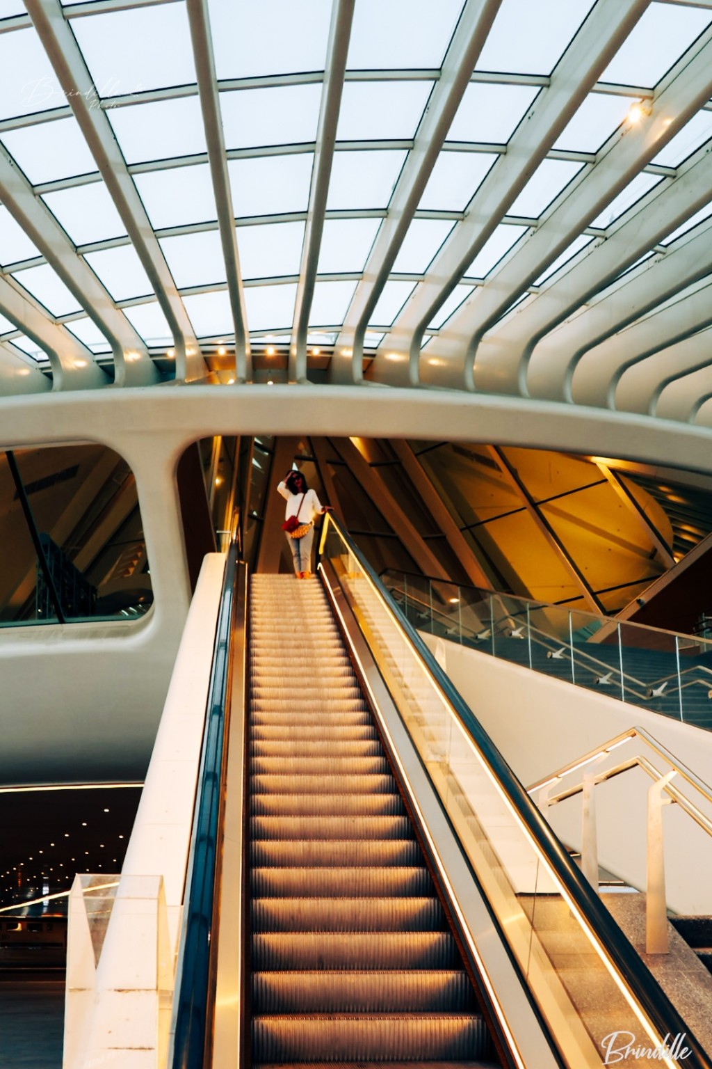 Escalator et verrière dans une architecture contemporaine